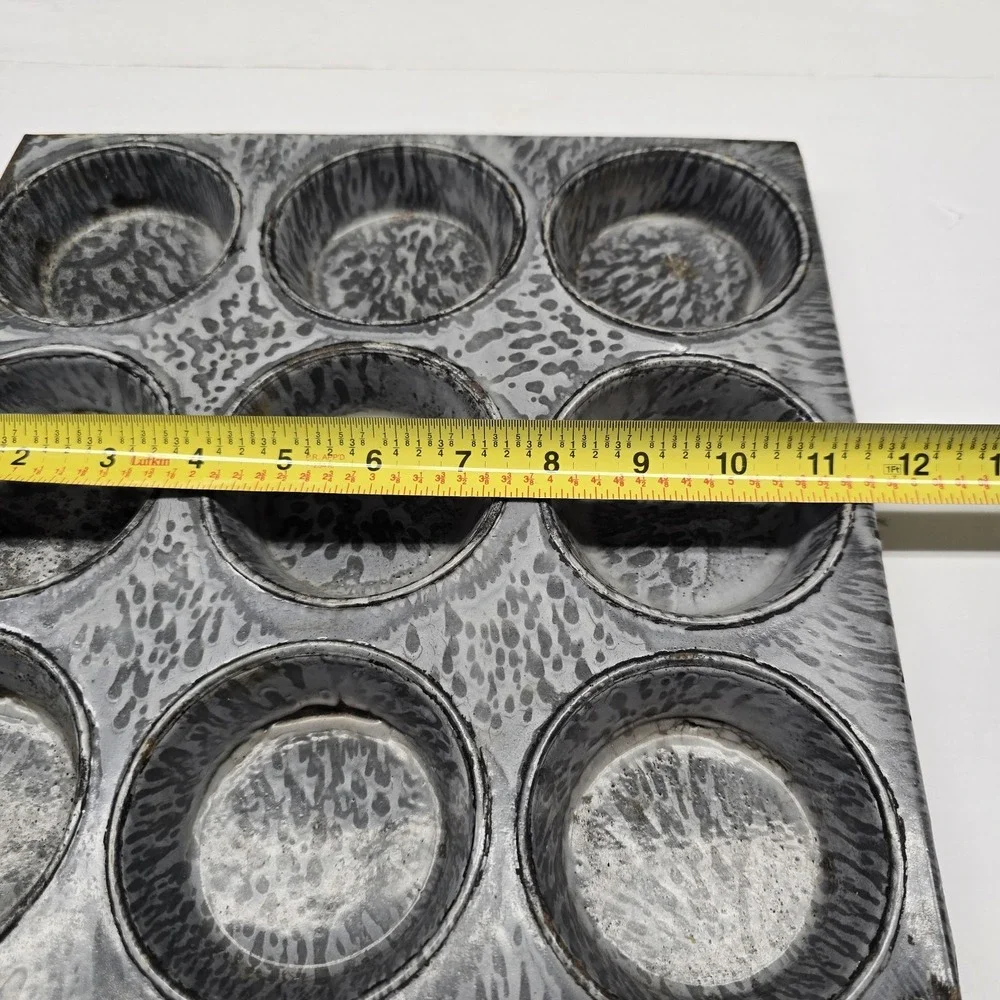 Vintage Gray Granite 9 Muffin Pan Muffins Enamel Ware Kitchen Baking Graniteware